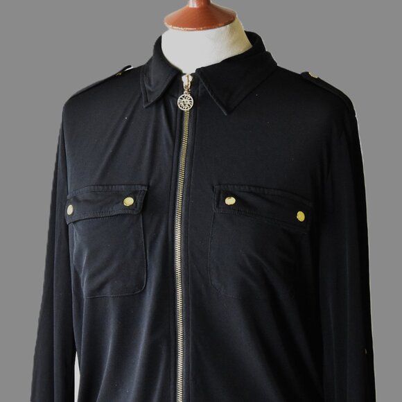 ANNE KLEIN Top Blouse M Black Zip Front Snap Sleeves Front Pockets BIN 3 - Picture 3 of 6